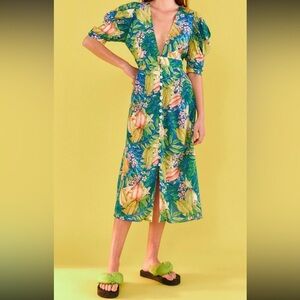 farm rio bow linen dress FARM Rio - Bow-embellished scalloped linen midi dress